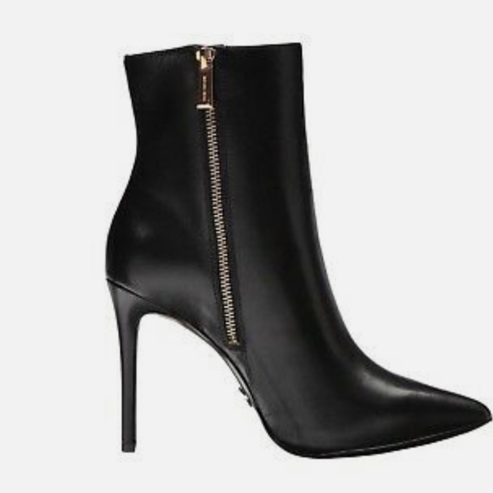 Michael Kors Black Leather Stiletto Ankle Boots with Gold Zip